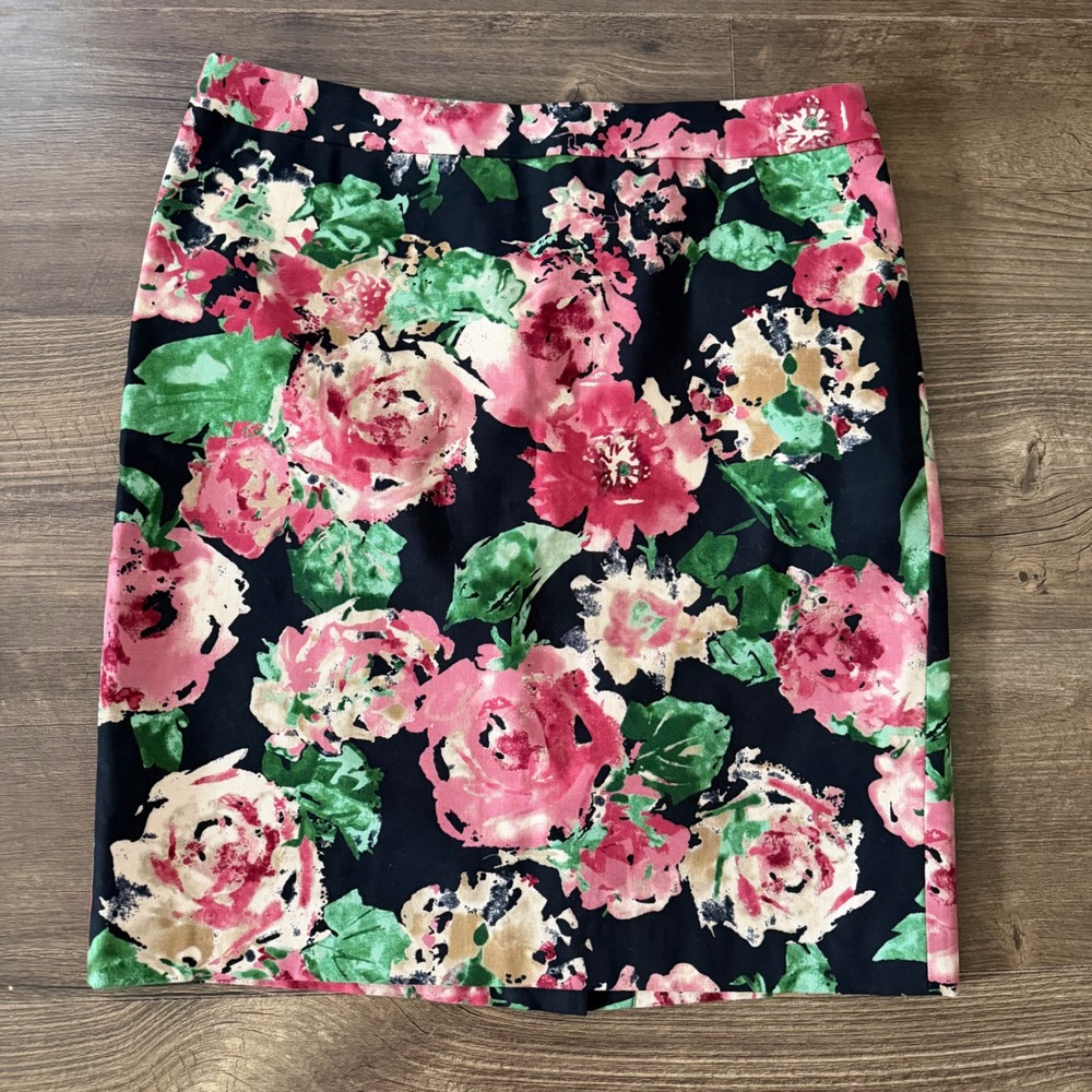 Talbots Floral Pencil Skirt Black Pink Cotton Blend Lined Back Vent Womens 12P